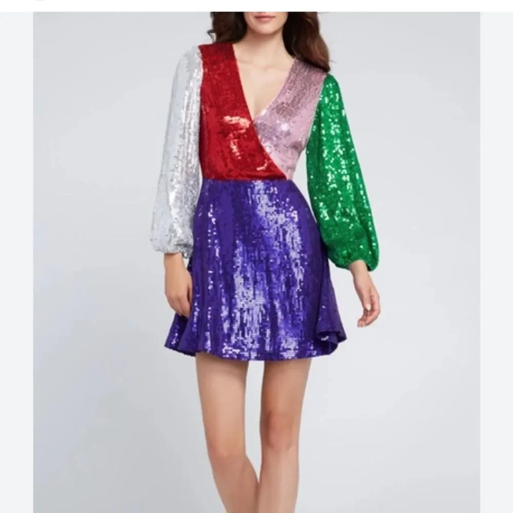 Alice + Olivia Blaze Multicolor Sequin Blouson Sleeve Mini Dress Size 6